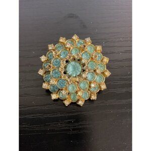 Vintage Blue Rhinestone & Gold Tone Round Brooch Pin